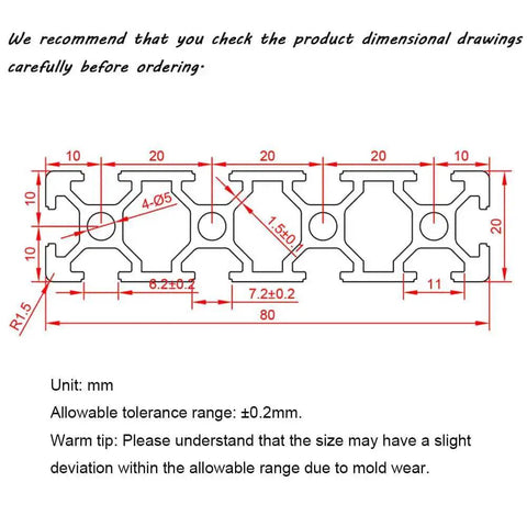 Technical drawing of Two Pack 20 Series T Slot 2080 Aluminum Extrusion Profile 39.4 Inch European Standard Anodized Linear Rail dimensions