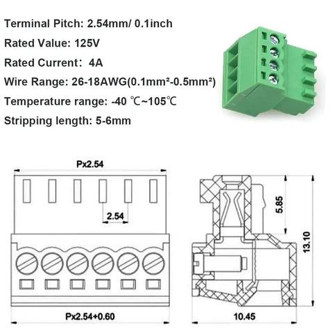 4 Pin Screw Terminal Block Connector with 2.54mm Pitch for PCB Mount, 125V 4A Rating, technical diagram and specifications