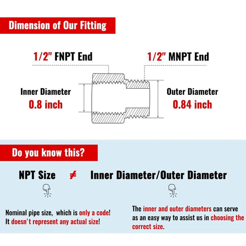 Diagram showing dimensions of 1/2 inch FNPT and MNPT brass pipe fittings adapters with inner diameter of 0.8 inch.