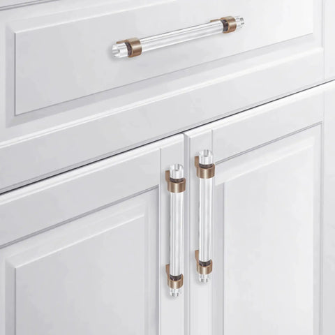 Crystal Glass Drawer Pulls In Champagne Bronze Finish Set Of Five Cabinet Handles With Faceted Crystals on white cabinets