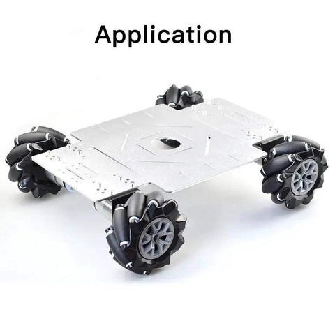 Robot car with 96mm High Hardness Plastic Mecanum Wheel Set for omni directional movement, showing installation setup on a metal frame.