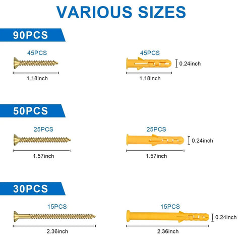 Drywall Anchors Kit With 170 Pieces For Secure Mounting Of Picture Frames Shelves And Curtain Rods Including 85 Plastic Anchors And 85 Philips Flat Head Screws In Three Sizes Size 6 1.18 Inch Size 6 1.57 Inch And Size 6 2.36 Inch diagram showing size and quantity details