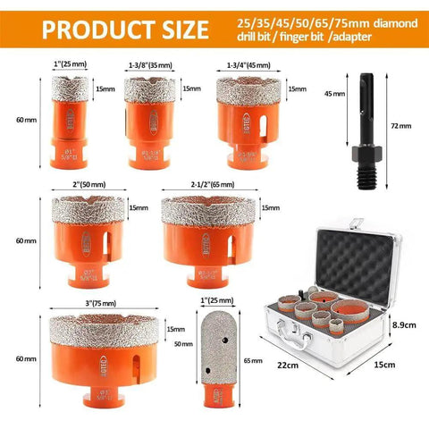 Diamond Core Drill Bits Set For Porcelain Tile And Stone Dry Drilling Kit Eight Piece Vacuum Brazed Hole Saw Set with sizes 25 to 75 mm