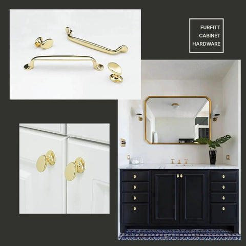Bathroom installed 4 Pack Polished Brass Cabinet Knobs Set Solid Zinc Alloy Pulls for drawers and cupboards, enhancing decor.