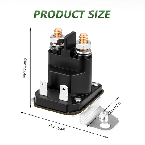 Tecreddy 725-06153A starter solenoid for Cub Cadet riding mower; front view, black plastic housing with two copper terminal posts