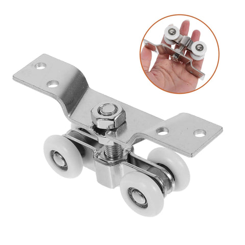 2 Pack Stainless Steel Sliding Door Pulleys With Silent Nylon Rollers, shown close-up with steel housing and nylon wheels
