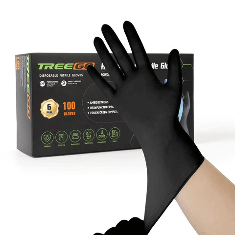 Black Nitrile Gloves 6 Mil Heavy Duty Disposable Textured Grip Powder Free box with glove being worn.