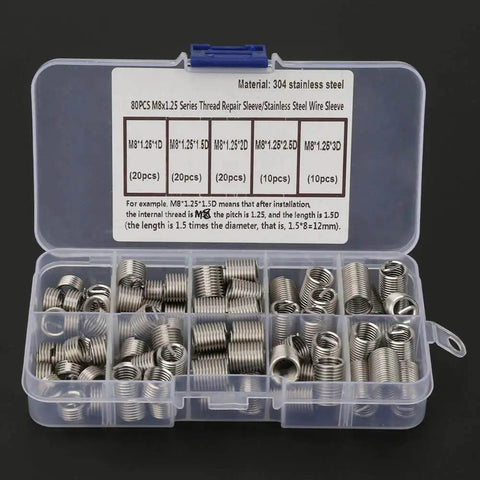 80Pcs M8x1.25 Threaded Inserts Kit in Stainless Steel for Reliable Thread Repair and Reinforcement in storage box
