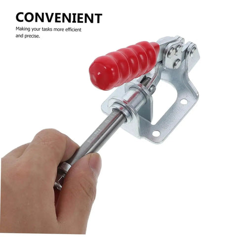 Close-up of a Four Piece Push Pull Toggle Clamps Set For Woodworking And Metal Workholding, showing red handle and metal body.