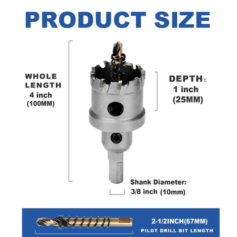 1 Inch Tungsten Carbide Tip Hole Saw With M2 Pilot Bits, 25mm Cutting Depth, 3/8 Inch Shank, shown with dimensions