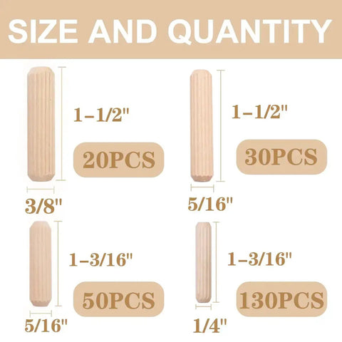 230 Piece Grooved Wooden Dowel Pins Set In One Quarter Five Sixteenth And Three Eighth Inch For Crafts Furniture And Handy DIY Projects With Fluted Bevel Edges For Easy Insertion And Strong Tight Fastening shown with size and quantity details