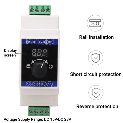 Front view of 4 To 20mA Current Loop Signal Generator with digital display, adjustable output, showing rail installation and protection features.
