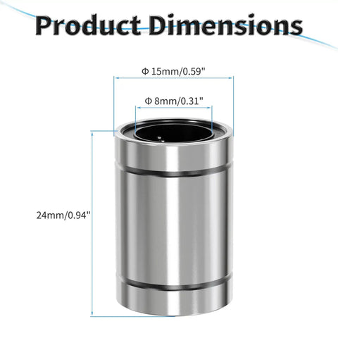 4 Pack LM8UU Linear Ball Bearings 8mm ID By 15mm OD By 24mm Length With Double Seal shown with product dimensions