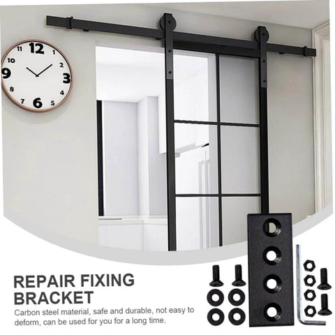 Heavy Duty Track Connecting Plate Set For Barn Doors Carbon Steel Bracket Connectors With Easy Install Flat Mending Plates For Sliding Door Hardware 4 Hole Brace Plates Built Tough For Long Lasting Barn Door Repairs shown in a barn door installation view.