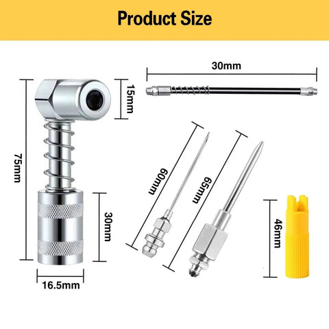 All In One 17 Piece Grease Gun Accessory Kit With Quick Connect Coupler 90 Degree Adapter 12 Inch Spring Flex Hose Zerk Fittings Cleaning Tool And More Compatible With All One Eighth Inch NPT Grease Guns For Quick Easy Lube Jobs displayed with dimensions for each component.