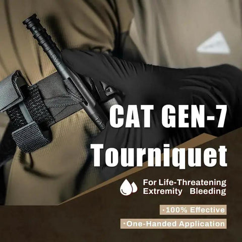 Person applying CAT Gen-7 tourniquet, part of Go-To Vehicle Tactical IFAK Trauma Kit With CAT Tourniquet Quick Draw Red Tab Car First Aid Kit.