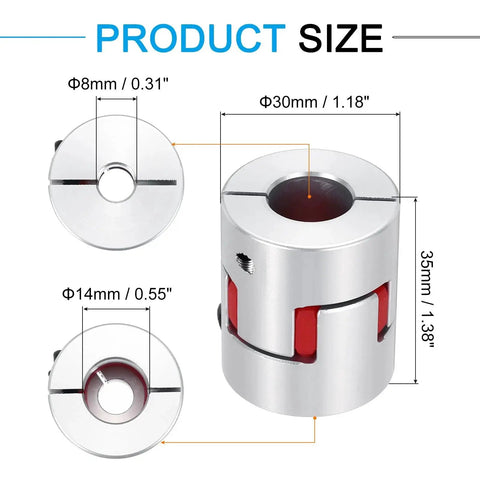Aluminum Shaft Coupling 8mm To 14mm Flexible Spider Coupler L35mm X D30mm for 3D Printers, DIY CNC Routers, shown with measurements