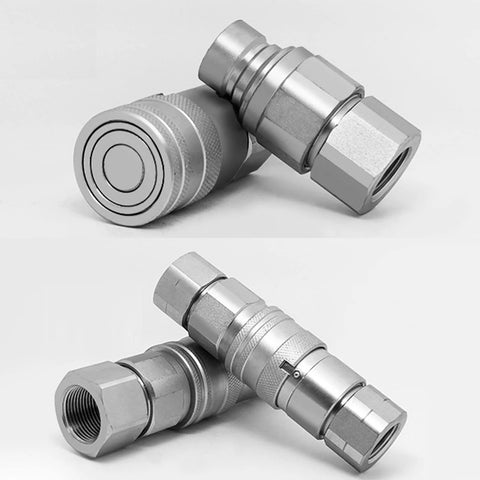 Pair of CEKER 1/4 in NPT skid steer flat-face hydraulic quick-disconnect couplings, ISO 16028, metal