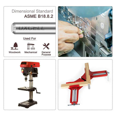 ASME B18.8.2 dowel pin used in woodworking and mechanical projects with a drill press and clamp shown