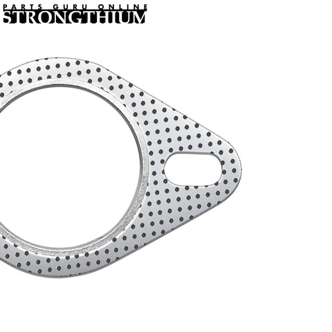 Strongthium exhaust flange gasket, 2.5 inch, perforated metal with circular inner bore and oval mounting slot