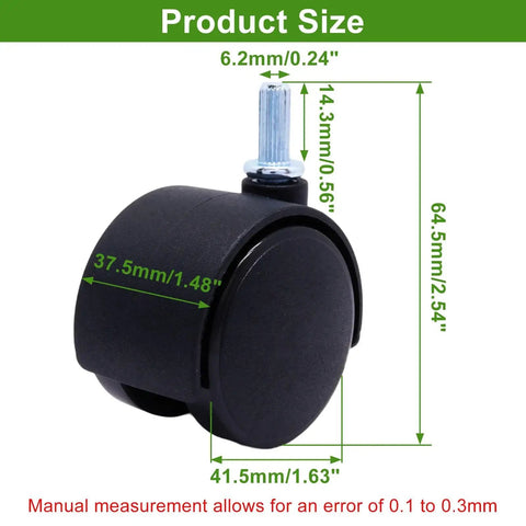 Side view of 1.5 Inch Swivel Caster Wheel with 37.5mm width and 41.5mm diameter, showcasing product size and M6 rod dimensions.