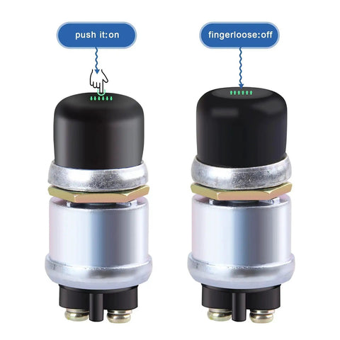 12V Weatherproof Push Button Start Switch with Black Neoprene Cap, showing on/off positions, for Cars Trucks Boats RVs and ATVs