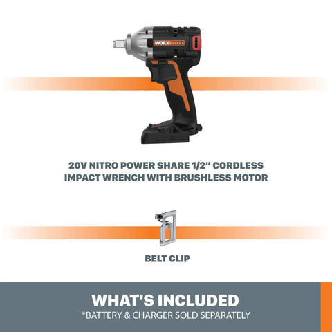 Nitro WX272L.9 20V Power Share Cordless Half Inch Impact Wrench With Brushless Motor Three Speeds shown with belt clip.
