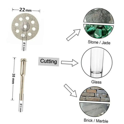 Diagram of Ten Piece Diamond Cutting Discs Set For Rotary Tools showing dimensions and examples of materials cut, like stone and glass.