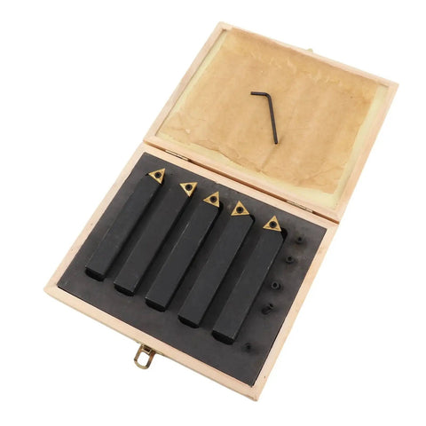 Five Piece Carbide Turning Tool Set With 60 Degree Left And Right, 75 Degree Left And Right, And 90 Degree Indexable Inserts in case