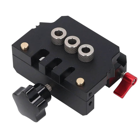 Front view of Self Centering Doweling Jig Kit made from aircraft grade aluminum with 3 in 1 drill bit locator and 6mm 8mm 10mm bits