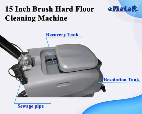 Foldable Walk Behind Floor Scrubber With 15 Inch Brush And Automatic Water Flow Upgrade For Grime Busting Cleaning Industrial Pro Grade Floor Cleaner For Tile Concrete And Grout Navigates Tight Corners Size 32x18x25 Inches Gray, close-up of tanks and pipe labeled 'Recovery Tank', 'Resolution Tank', and 'Sewage Pipe'