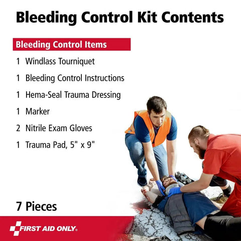 Bleeding Control Kit For Limb Wounds With Tourniquet 7 Pieces Portable First Aid Set contents list and emergency response image