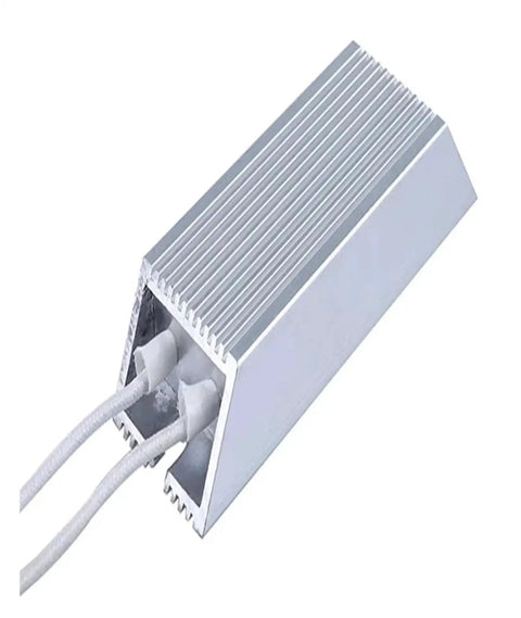 Angled side view of aluminum-shelled high-power fixed resistor module with two white leads
