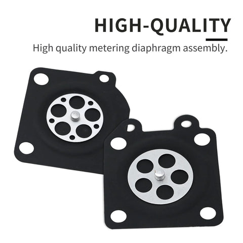 Metering diaphragm replacement gaskets for Zama/Walbro carburetors; two black square gaskets with silver diaphragms.