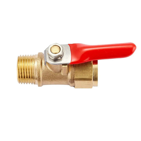 Heavy Duty Brass Inline Mini Ball Valve Set, 3/8 NPT Male To 3/8 NPT Female, side view with red handle