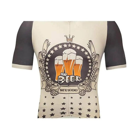Cycling jersey with beer graphic design featuring beer mugs and hops on the front.