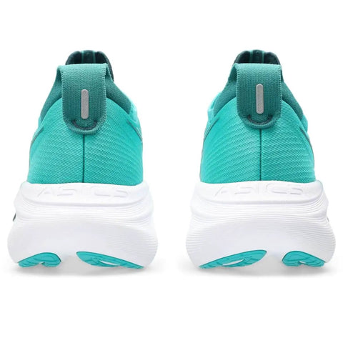 Back view of Gel Nimbus 27 Men's Running Shoes Size 9.5 Wave Teal Saxon Green Ultra Cushioned Ride with Eco Friendly Materials.