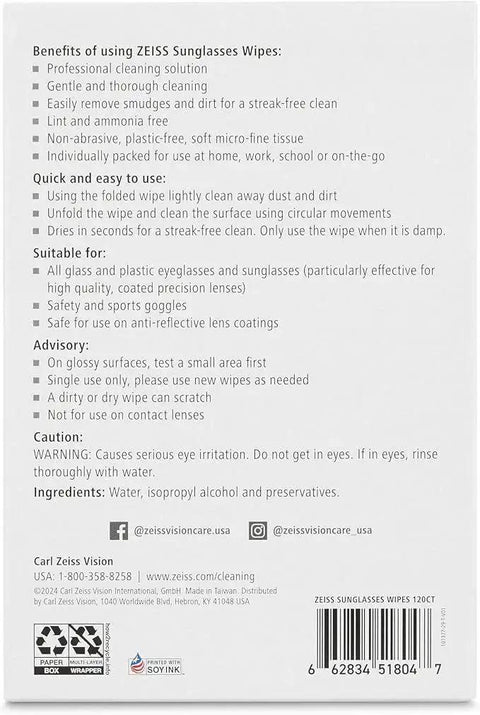 Back of ZEISS Premium Sunglasses Wipes Pre Moistened 120 Count Safe For All Lenses packaging showing features and usage instructions.