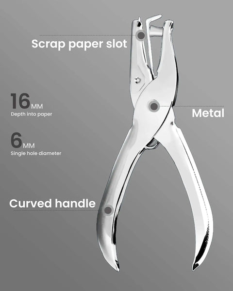 Two Piece Circle Hole Punch Set 1/8 Inch And 1/4 Inch Diameters For Crafts Tags Tickets Six Sheet Capacity Durable Steel Construction shown close-up with scrap paper slot and curved handle.