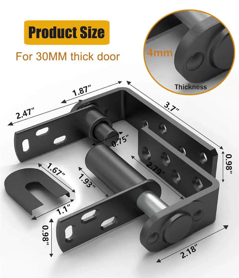 Diagram of Premium 304 Stainless Steel Saloon Door Hinges, highlighting heavy duty dual swing self return, dimensions for 30mm thick door.