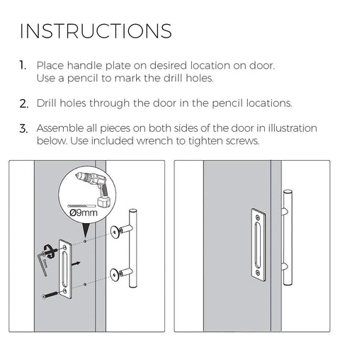 Installation instructions for Dope 12 Inch Brushed Brass Gold Barn Door Handle Kit With Solid Aluminum Pulls And Flush Handles Heavy Duty Sliding Door Hardware 1 Door Pack Includes Screws And Protective Pads