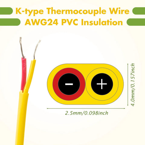 K-type thermocouple wire AWG24 solid, PVC insulated; red and yellow stripped conductors.