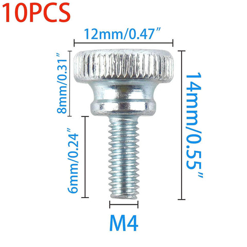 Image of 10 Pcs Knurled Thumb Screws M4 x 6mm for TV and monitor mounts, fully threaded, zinc plated, with round knurled head, dimensions shown.