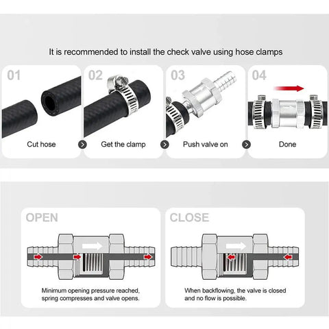 Installation guide for 8mm ID Fuel Non Return One Way Check Valve For Gasoline Diesel Oil And Water Aluminum Alloy Auto Accessory Durable High Temperature Design Perfect For Fuel Lines Long Lasting Convenience 12 Month Warranty with diagrams showing hose and valve connection using clamps.