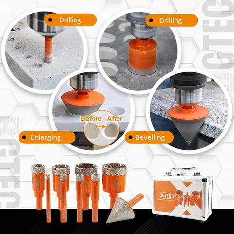 Dry Diamond Drill Bit Set For Granite Marble Tile Ceramic Porcelain And Masonry - drilling, enlarging, and beveling bits shown