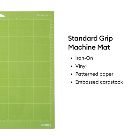 StandardGrip 12x12 Cutting Mat Pack for Explore and Maker Machines, Cricut compatible mat shown with usage options listed.