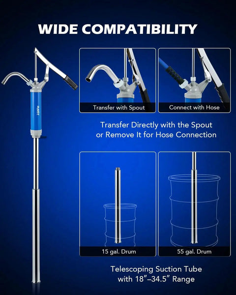 Lever Action Barrel Pump With Telescoping Suction Tube For 15 To 55 Gallon Drums demonstrating compatibility with drums.