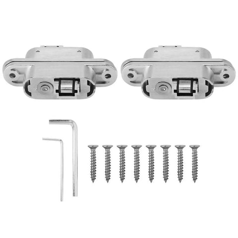 Concealed Zinc Alloy Cross Door Hinge Set, 180 Degree Invisible Hinge For Furniture Cabinets And Closets, showing hinges and screws.