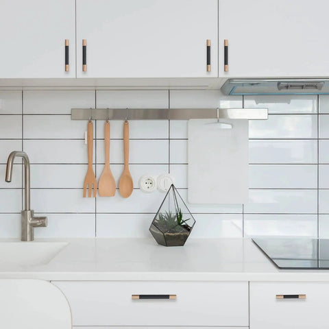 Installed Ten Pack Knurled Cabinet Handles Center To Center Five Inch Black And Champagne Copper Kitchen Cabinet Hardware