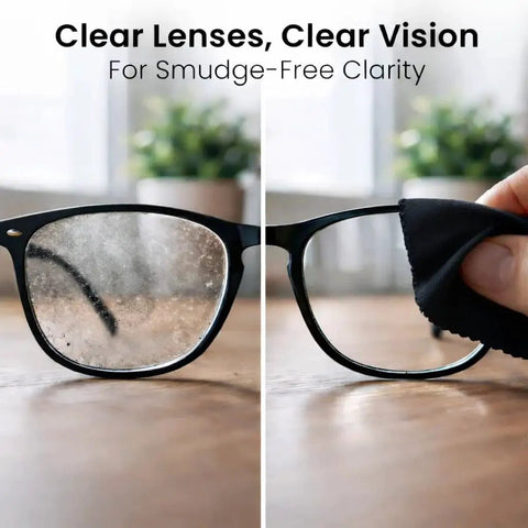 Side-by-side view of glasses being cleaned with Glasses Cleaning Spray Kit With Microfiber Cloths For Glasses And Screens 2 Pack.